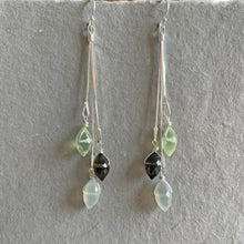 Load image into Gallery viewer, Prehnite, Smoky Quartz and Moonstone Dewdrop Tassel earrings