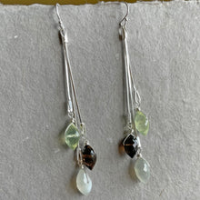 Load image into Gallery viewer, Prehnite, Smoky Quartz and Moonstone Dewdrop Tassel earrings