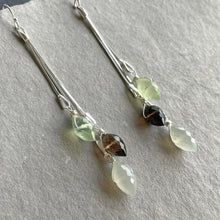 Load image into Gallery viewer, Prehnite, Smoky Quartz and Moonstone Dewdrop Tassel earrings