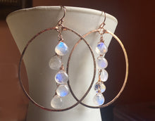 Load image into Gallery viewer, Deborah Hammered Hoop Earrings in Moonstone and 14K ROSE Gold Filled, Size: 50mm, 2", Metal choices