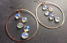 Load image into Gallery viewer, Deborah Hammered Hoop Earrings in Moonstone and 14K ROSE Gold Filled, Size: 50mm, 2", Metal choices