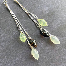 Load image into Gallery viewer, Prehnite, Smoky Quartz and Moonstone Dewdrop Tassel earrings