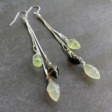 Load image into Gallery viewer, Prehnite, Smoky Quartz and Moonstone Dewdrop Tassel earrings