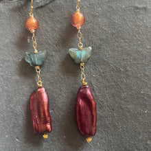 Load image into Gallery viewer, Murano Glass, Butterfly Labradorite, and Biwa Plum Pearl Earrings OOAK