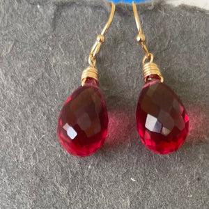 Ruby Red-Pink 13mm Teardrop Dangle Earrings