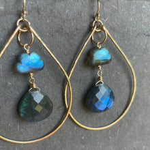 Load image into Gallery viewer, Raincloud and Raindrop Labradorite KATIE Hammered 2&quot; Hoop Earrings Size: Medium , sterling, rose gold or gold