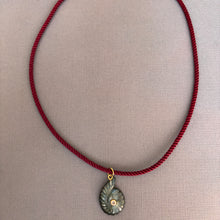 Load image into Gallery viewer, Labradorite and Cubic Zirconia carved Ammonite Necklace, Plummy Cord