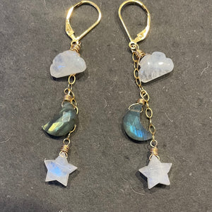 Cloud, Star, and Moon Earrings, Rainbow Moonstone and Labradorite, OOAK