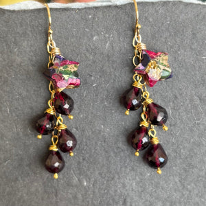Mohave Turquoise Star and Rhodolite Garnet Cascade Earrings, Gold, OOAK