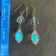 Load image into Gallery viewer, Aquamarine Quartz and Fire Rainbow Moonstone Dewdrop Dangles, metal choices