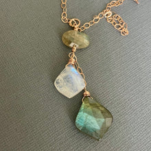 Load image into Gallery viewer, Rainbow Moonstone and Labradorite Moroccan Cut Necklace, 14k Rose Gold Filled, OOAK