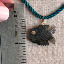 Load image into Gallery viewer, Go Fish! Labradorite and Cubic Zirconia Carved Fish Necklace, Teal Cord