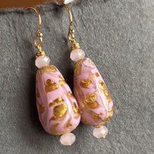Load image into Gallery viewer, Pink and Gold oh la la Teardrop Murano Glass Dangle Earrings