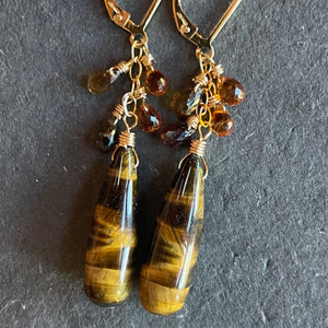 Tiger’s Eye and Sapphire Drop Earrings, OOAK