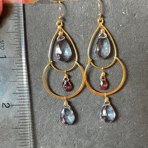 Mystic Blue Quartz and Garnet Gold Filled Double Hoops, OOAK