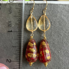 Load image into Gallery viewer, Citrine and Crimson oh la la Teardrop Murano Glass Dangle Earrings