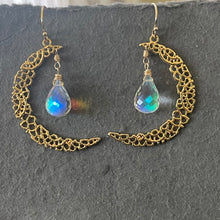 Load image into Gallery viewer, Fire Moonstone Crescent Moon Gold Vermeil Earrings