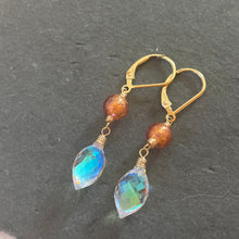 Load image into Gallery viewer, Murano Glass and Fire Rainbow Moonstone Dewdrop Dangles, metal choices