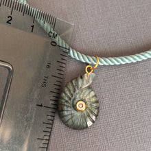 Load image into Gallery viewer, Labradorite and Cubic Zirconia carved Ammonite Necklace, Light Teal Cord