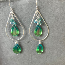 Load image into Gallery viewer, Paraiba to Emerald to Peridot Doublet Dangle Double Decker Hoop Earrings