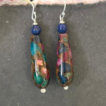 Load image into Gallery viewer, Ruby, Sapphire and Emerald Inlay Earrings- #6 OOAK