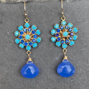 Turquoise Crystal and Sapphire Chalcedony Floral Dangle Earrings