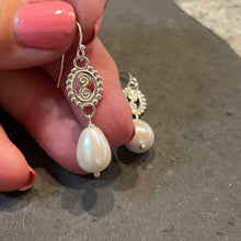 Load image into Gallery viewer, Medallion and Teardrop Pearl Dangles