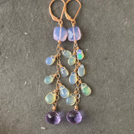 Cushion cut lavender, Opal, and Grape Cascade Earrings, metal choices