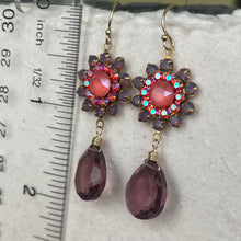 Load image into Gallery viewer, Lavender Opal, Coral Pink and Plummy Quartz Floral Teardrop Earrings