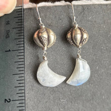 Load image into Gallery viewer, Moonstone Crescent Moon and Hill Tribe Sterling Flower dangles, OOAK