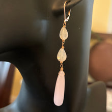 Load image into Gallery viewer, Rose Quartz and Rainbow Moonstone Dangle Earrings, Rose Gold, OOAK