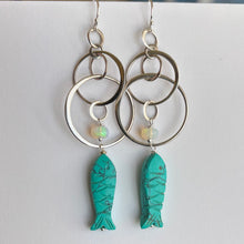 Load image into Gallery viewer, Carved Turquoise Fish and Opal Mobile Circle Earrings