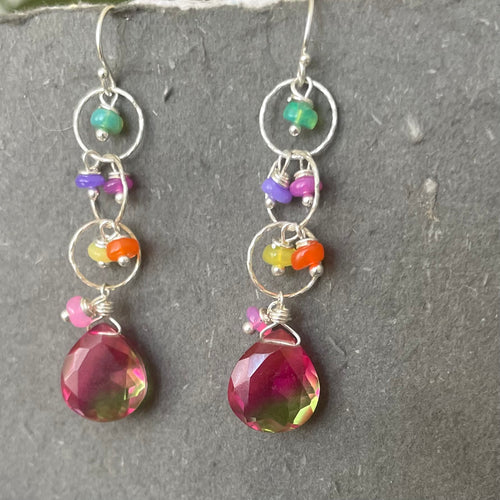 Color Lover Sapphire Pink to Peridot Green Doublet and Opal Dangle Earrings