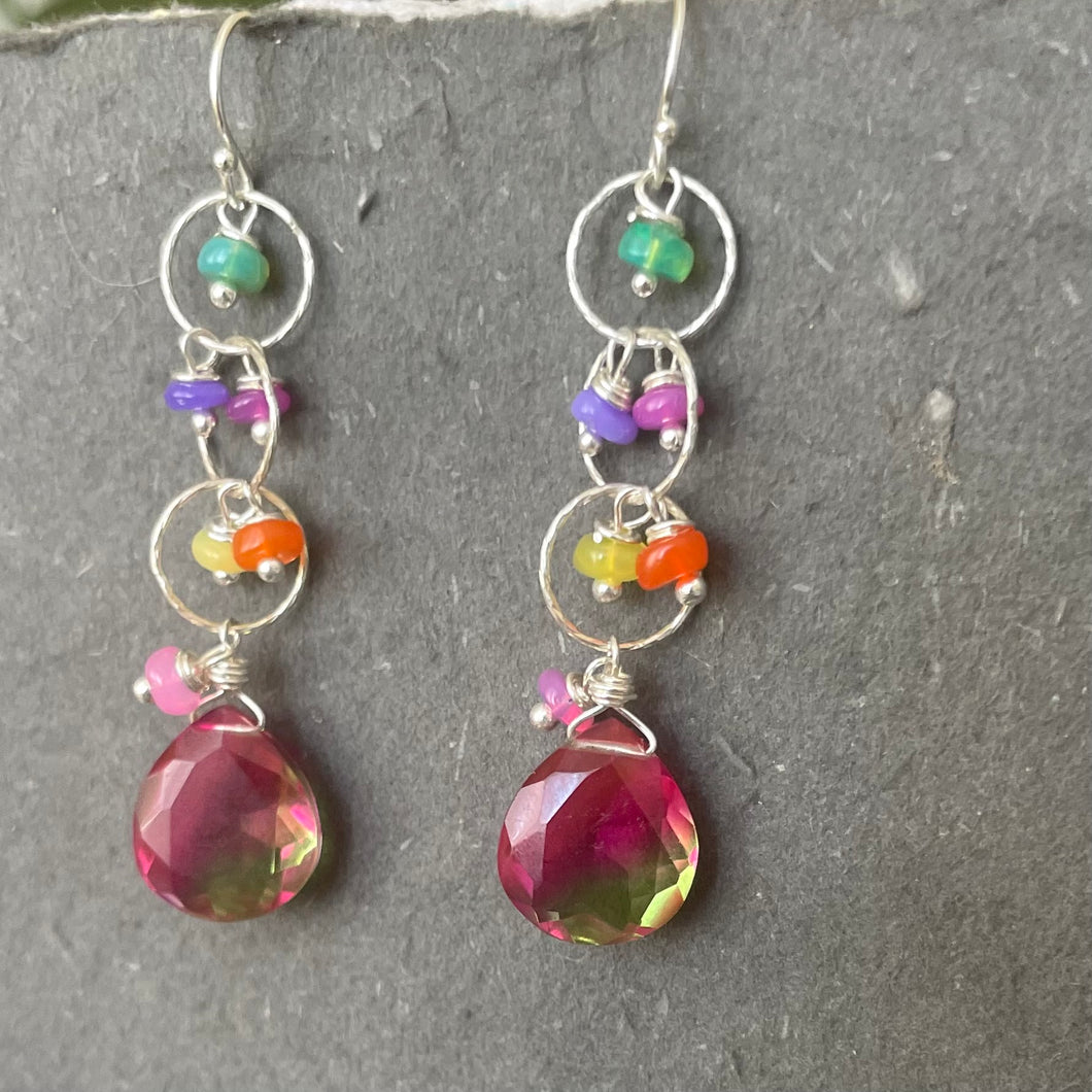 Color Lover Sapphire Pink to Peridot Green Doublet and Opal Dangle Earrings