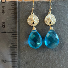 Load image into Gallery viewer, Gold and Topaz Quartz Sand Dollar Paraiba Blue Quartz Dangle Earrings