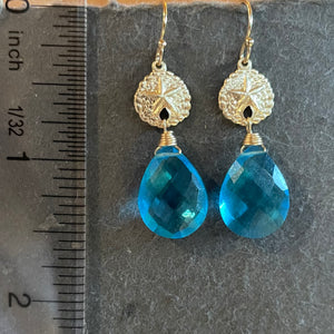 Gold and Topaz Quartz Sand Dollar Paraiba Blue Quartz Dangle Earrings