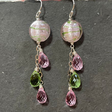 Load image into Gallery viewer, Icy Pink and Green Murano Glass and Quartz Dangle Earrings