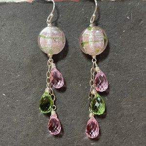 Icy Pink and Green Murano Glass and Quartz Dangle Earrings