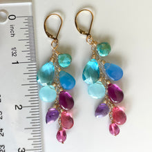 Load image into Gallery viewer, Kingman Turquoise, Chalcedony, Amethyst and Quartz Cascade Cluster Earrings, metal and earwire options