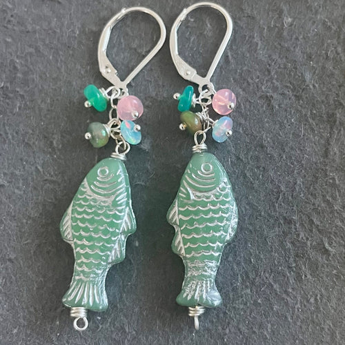 Calm Green Czech Glass and Opal Fish Earrings, OOAK