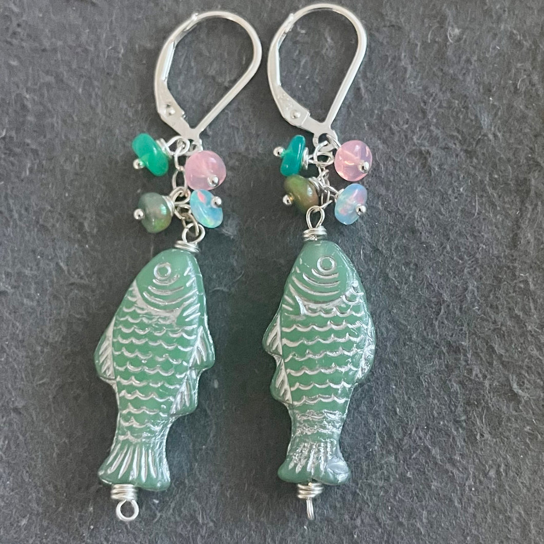 Calm Green Czech Glass and Opal Fish Earrings, OOAK