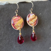 Load image into Gallery viewer, Watermelon and Gold Murano Glass and Quartz Dangle Earrings