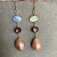 Load image into Gallery viewer, Edison Pearl, Labradorite and Rhodolite Dangles, 14k rose gold filled earrings,OOAK