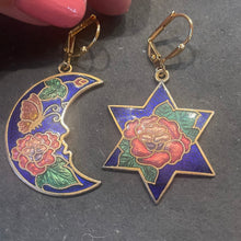Load image into Gallery viewer, Vintage Cloisonné Estate Moon and Star Earrings, OOAK