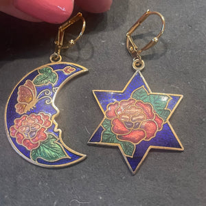 Vintage Cloisonné Estate Moon and Star Earrings, OOAK