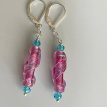 Load image into Gallery viewer, Dichroic Pink Murano Glass Dangle Earrings, Opal and Quartz, Metal options