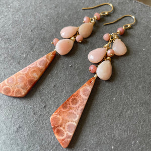 Fossil and Pink Opal Cascade Earrings, OOAK 008