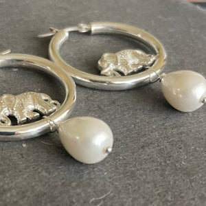 Elephant and pearl hoop earrings