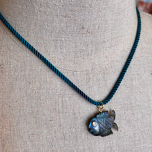 Load image into Gallery viewer, Go Fish! Labradorite and Cubic Zirconia Carved Fish Necklace, Teal Cord