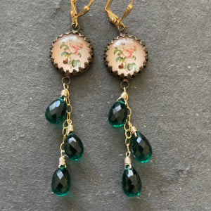 Emerald Green Floral Vintage Look Cascade Earrings